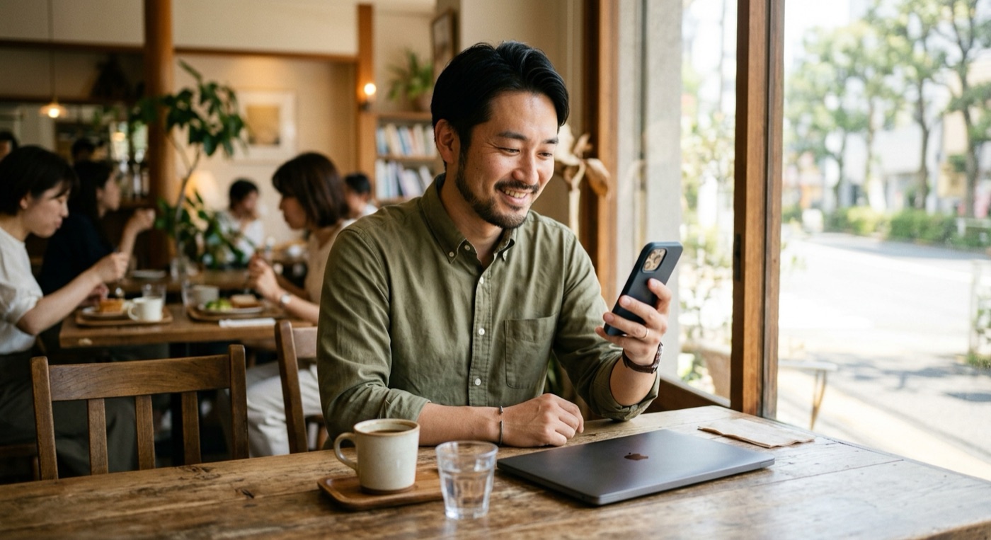 カフェでスマホを確認し反映を確かめる事業主