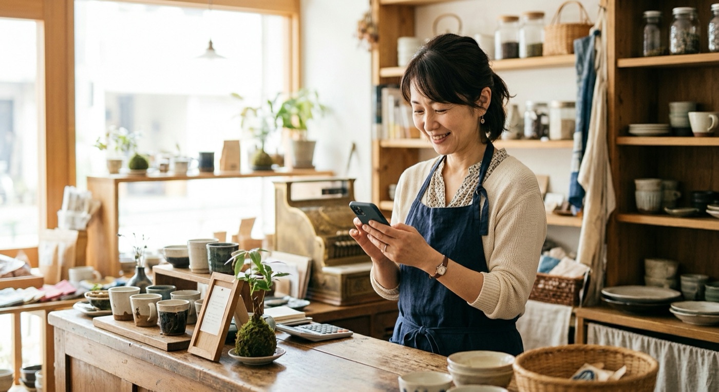 店先でスマホから修正を依頼する店主