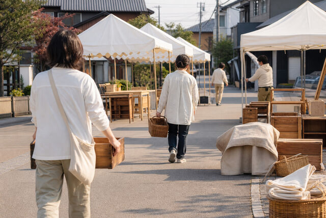 屋外マルシェイベントの設営風景