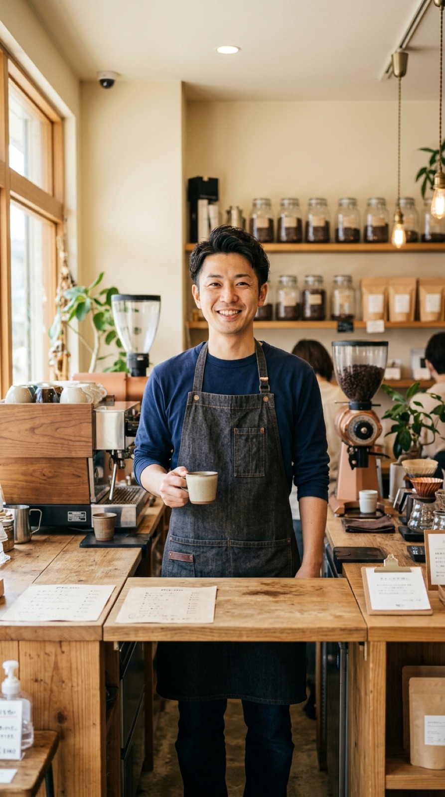 デニムエプロン姿でカウンターに立ち、カップを手にほほえむkotona珈琲店の店主