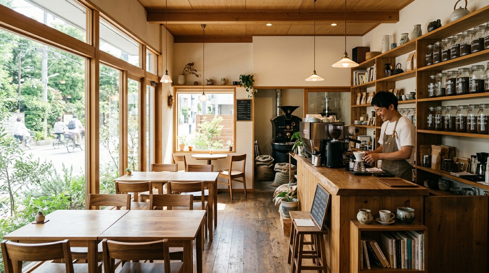 木のテーブルと大きな窓、奥にカウンターと焙煎機が見える明るい店内