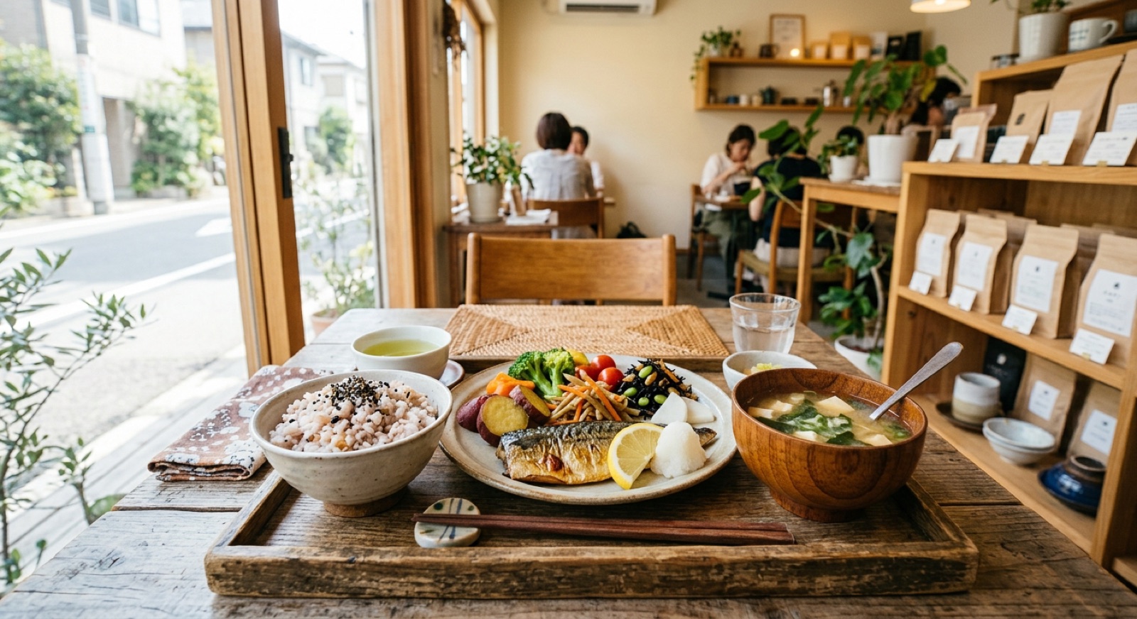 焼き魚と雑穀ごはん、味噌汁、小鉢がのった和のランチプレート