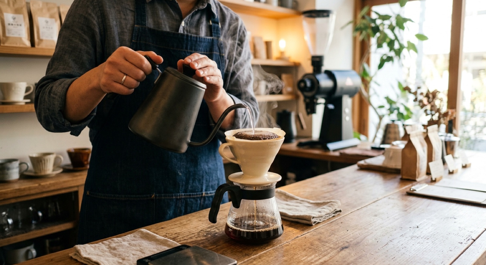 ネルドリップのケトルから湯を細く注ぎ、一杯ずつハンドドリップする手元