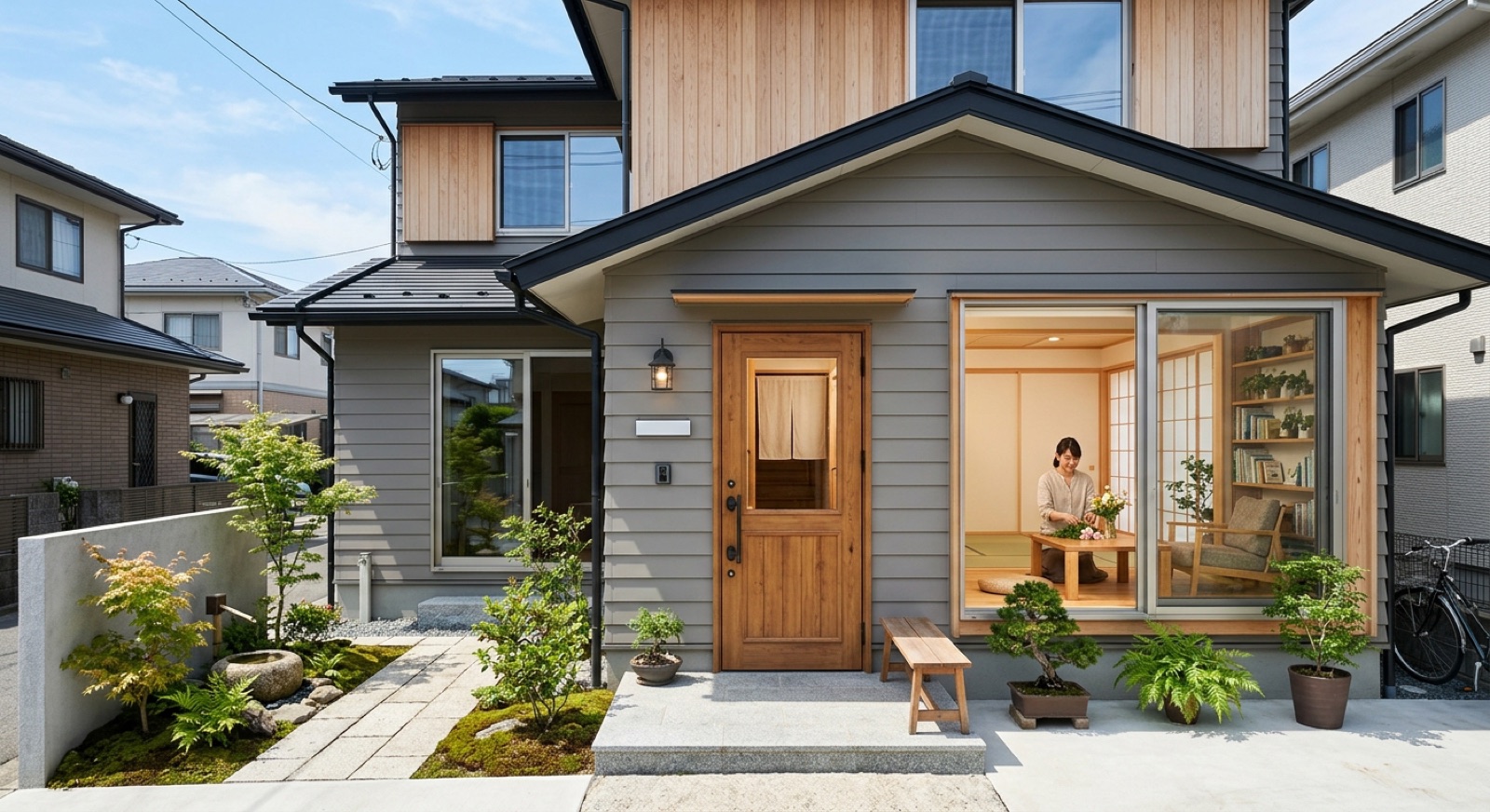 外壁と玄関まわりを一新した住宅の外観