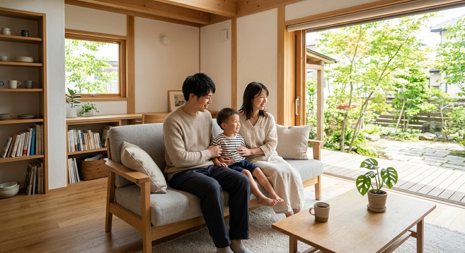 リフォーム後のリビングでくつろぐご家族