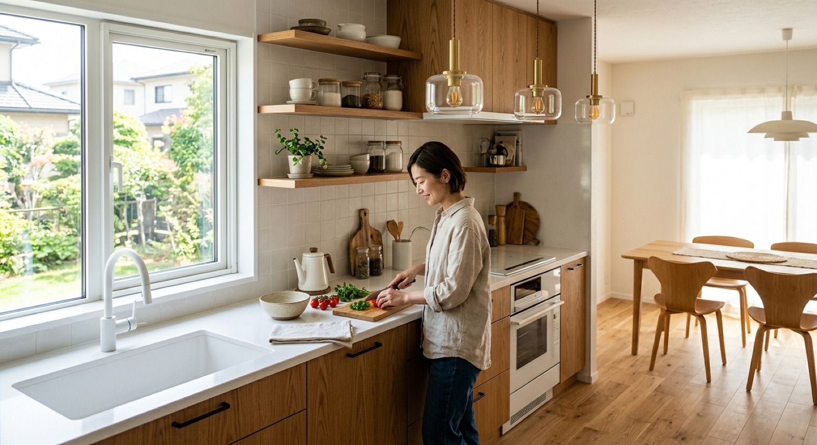 交換後の明るい木製システムキッチン