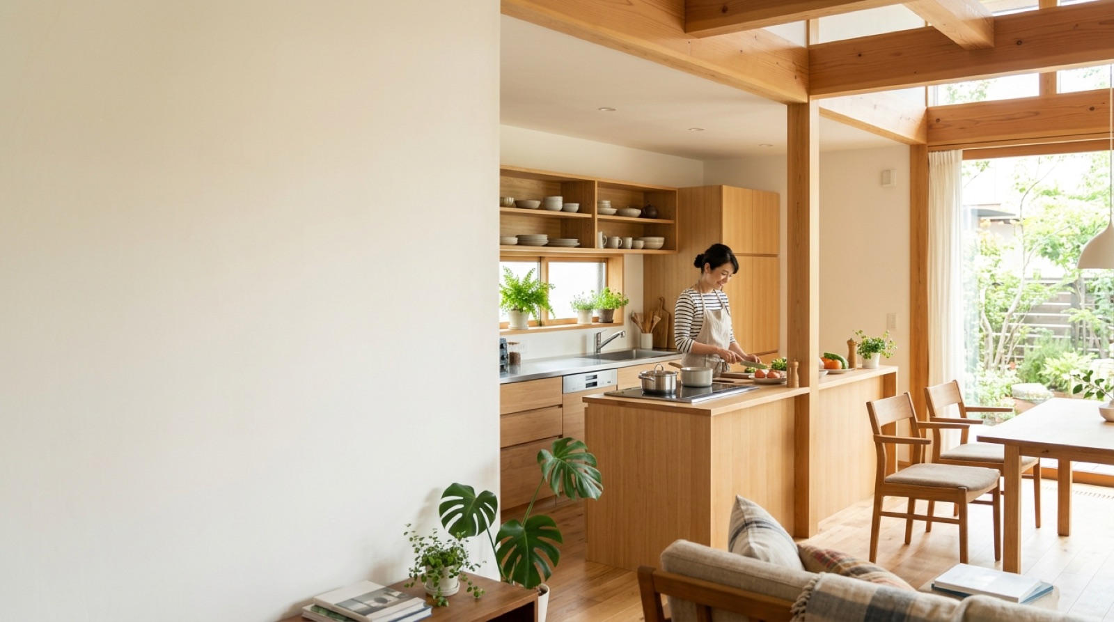 リフォームした対面キッチンで料理をする女性