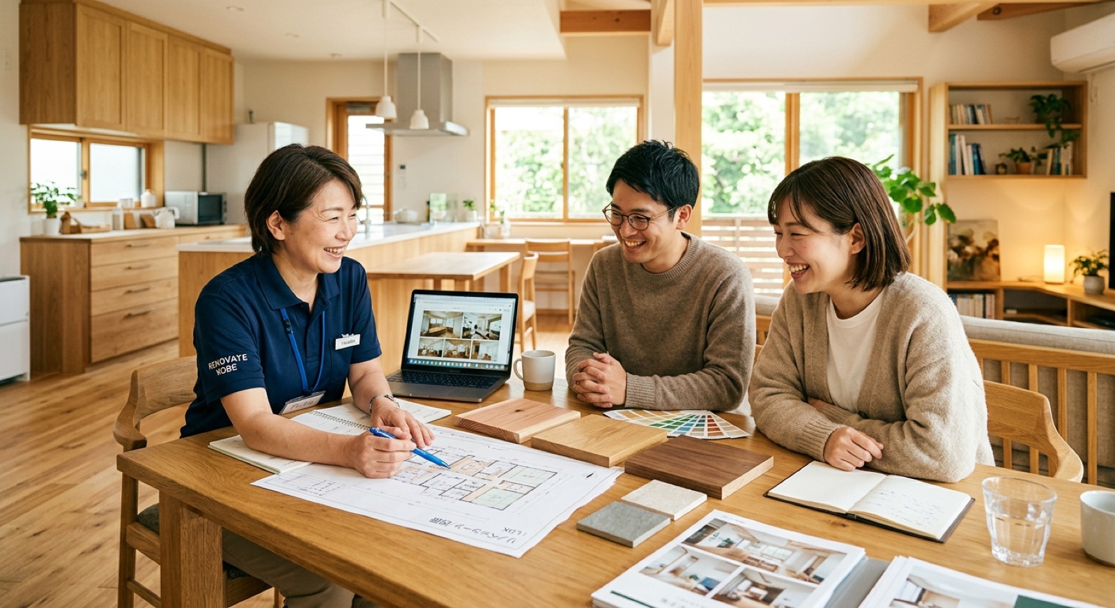 図面と素材サンプルを前にした打ち合わせ