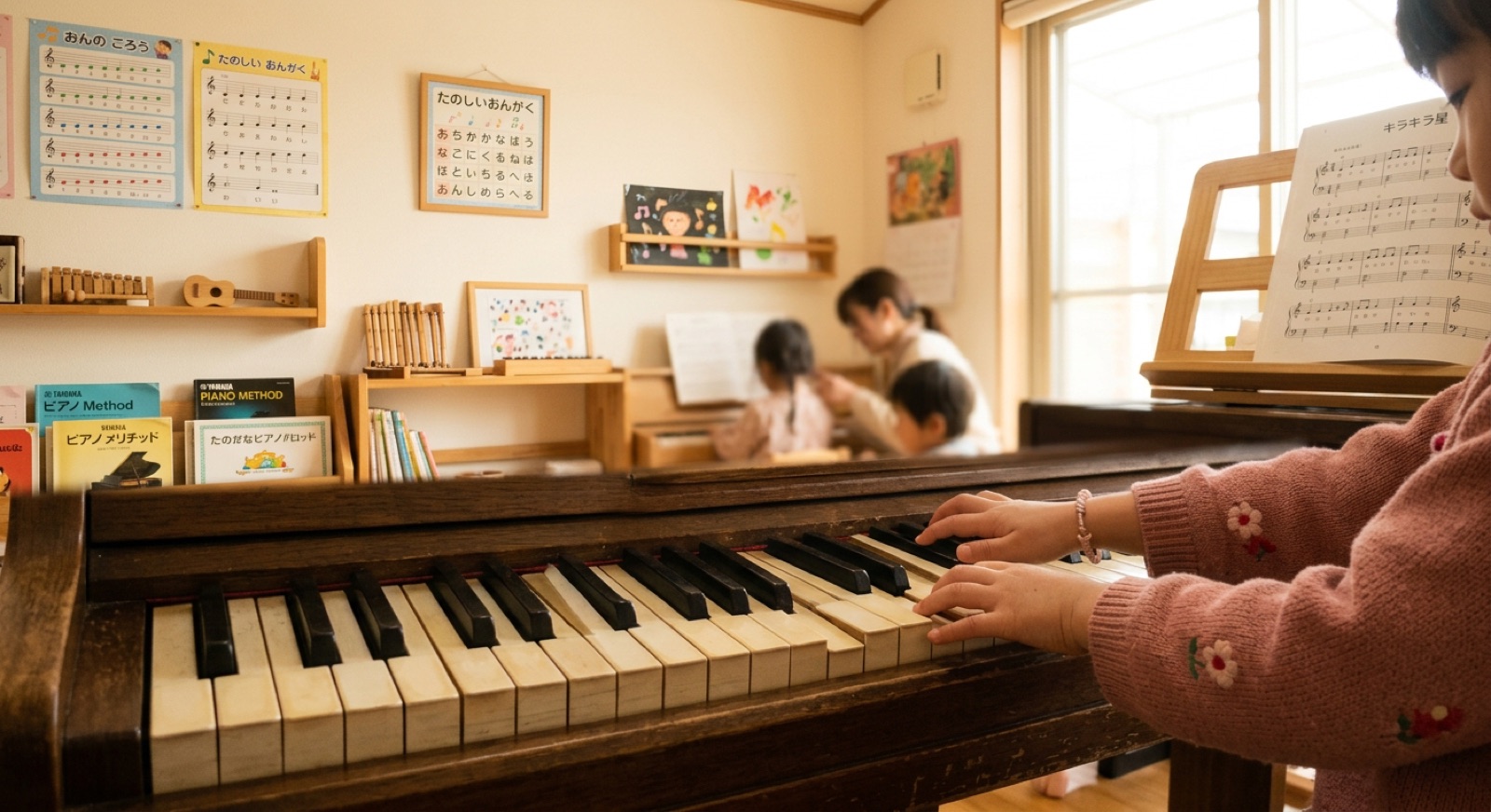 鍵盤にそっと指を置いて音を鳴らす子どもの手元