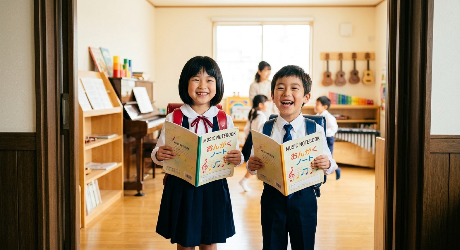 おんがくノートを手に笑顔で教室に通う子どもたち