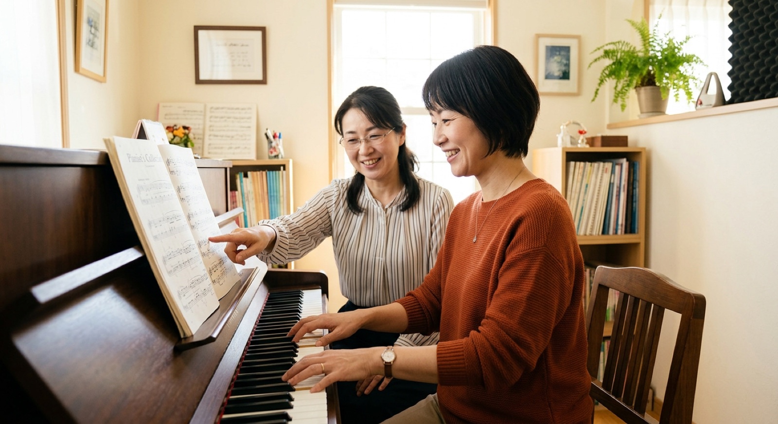 楽譜を指し示す講師とピアノに向かう大人の生徒