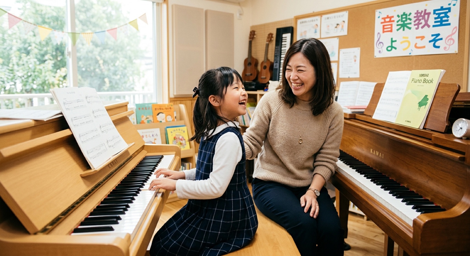 ピアノを弾いて笑顔になる女の子に寄り添う講師