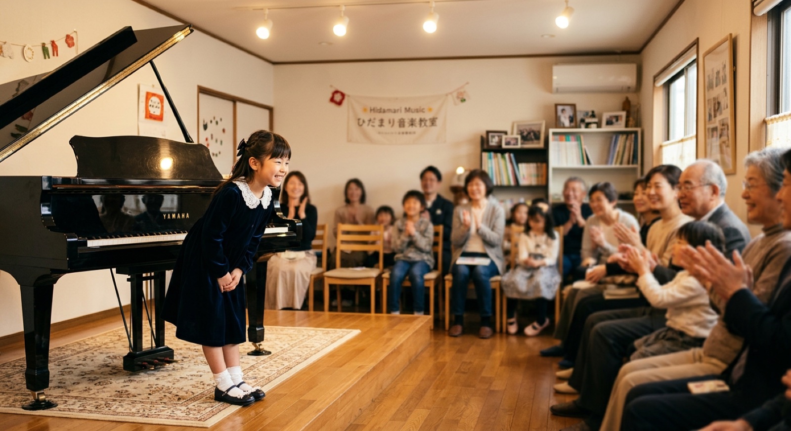 発表会で家族の拍手を受けてお辞儀する生徒