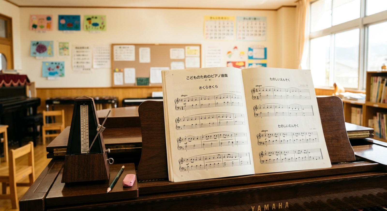 譜面台に開かれたこども向けピアノ曲集とメトロノーム