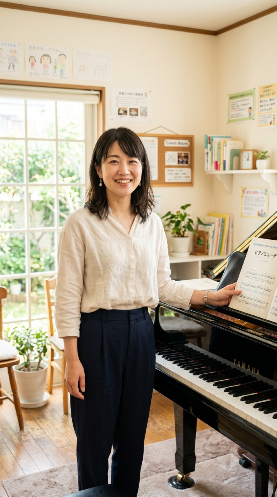 グランドピアノの横で楽譜を手に微笑む講師
