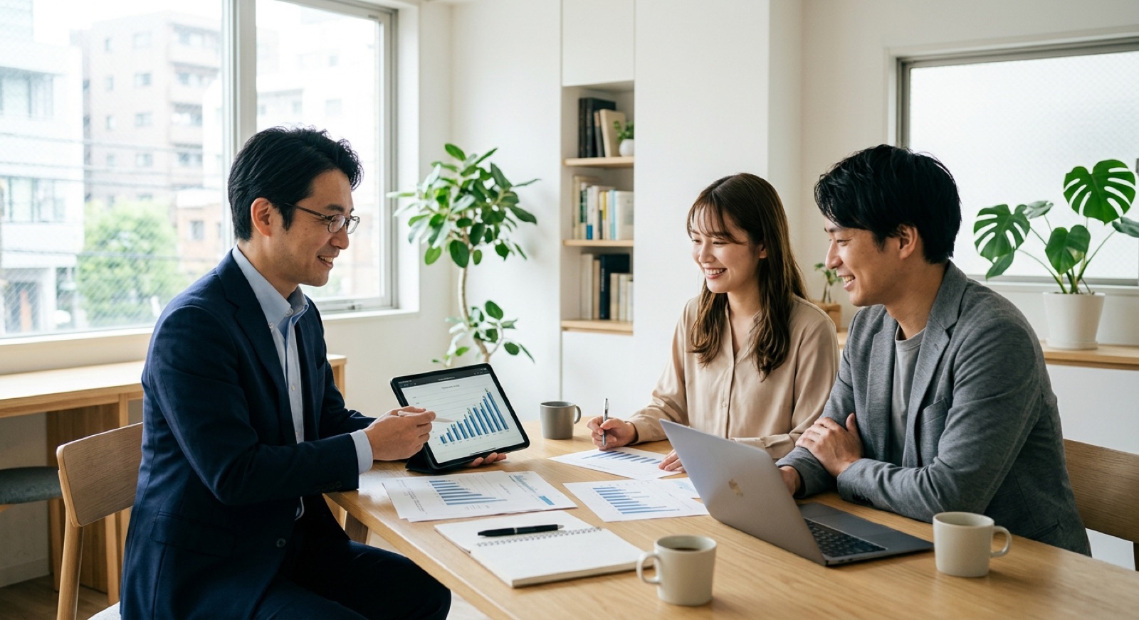 タブレットの資料を見せながら創業融資の相談に応じる様子
