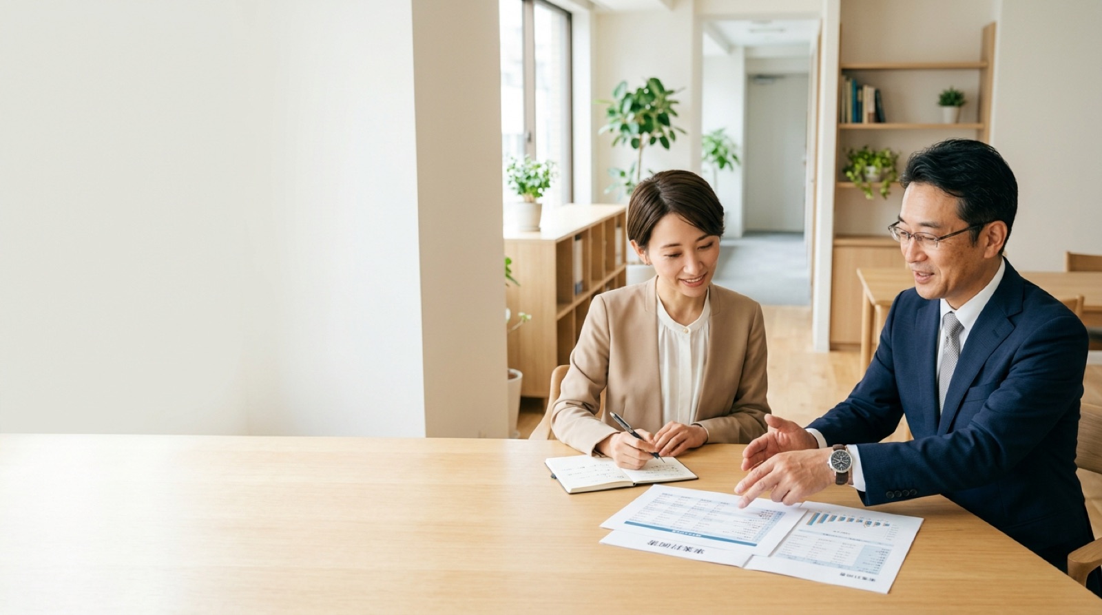 事務所で書類を見ながら相談に応じる税理士と経営者